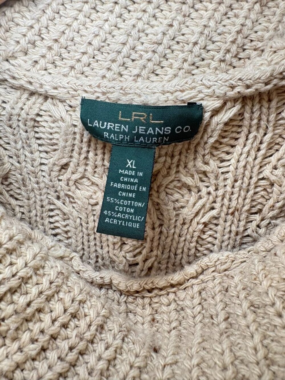 Lauren Ralph Lauren Oatmeal Cable Knit Cowl Neck Soft Fisherman Sweater XL - Picture 9 of 12
